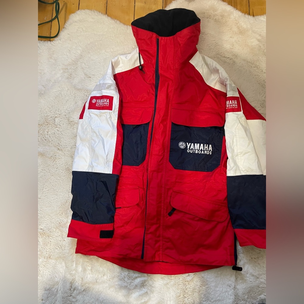 NWOT Vintage Yamaha Marine Outboards All Weather Rain Jacket Red Navy